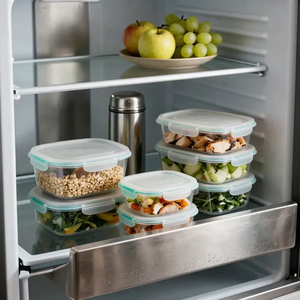 Condensation-covered fridge drawer with packed meal boxes, thermos, and fruit on the shelf.