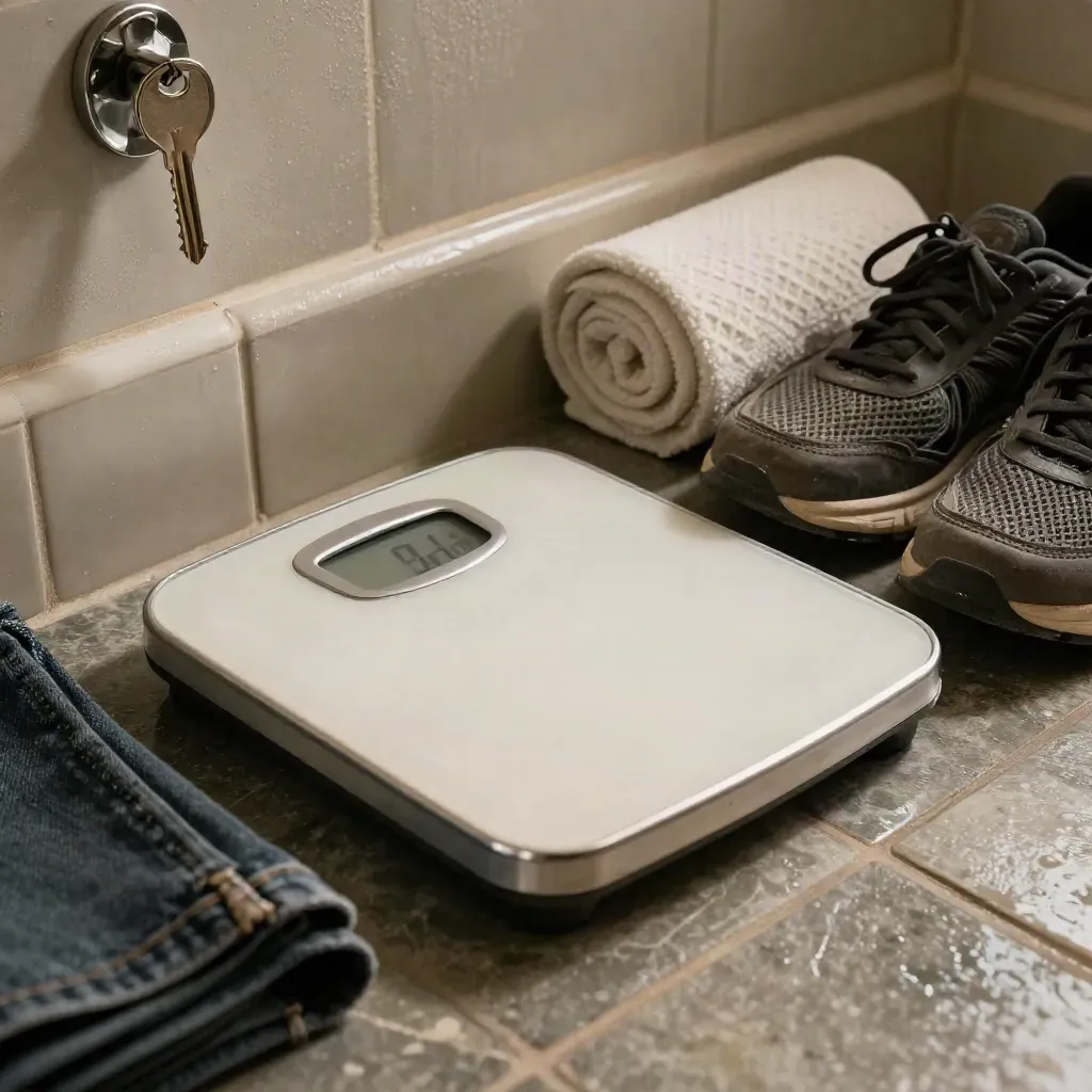 Analog bathroom scale, running shoes, folded jeans and a rolled towel on cool washroom tiles.