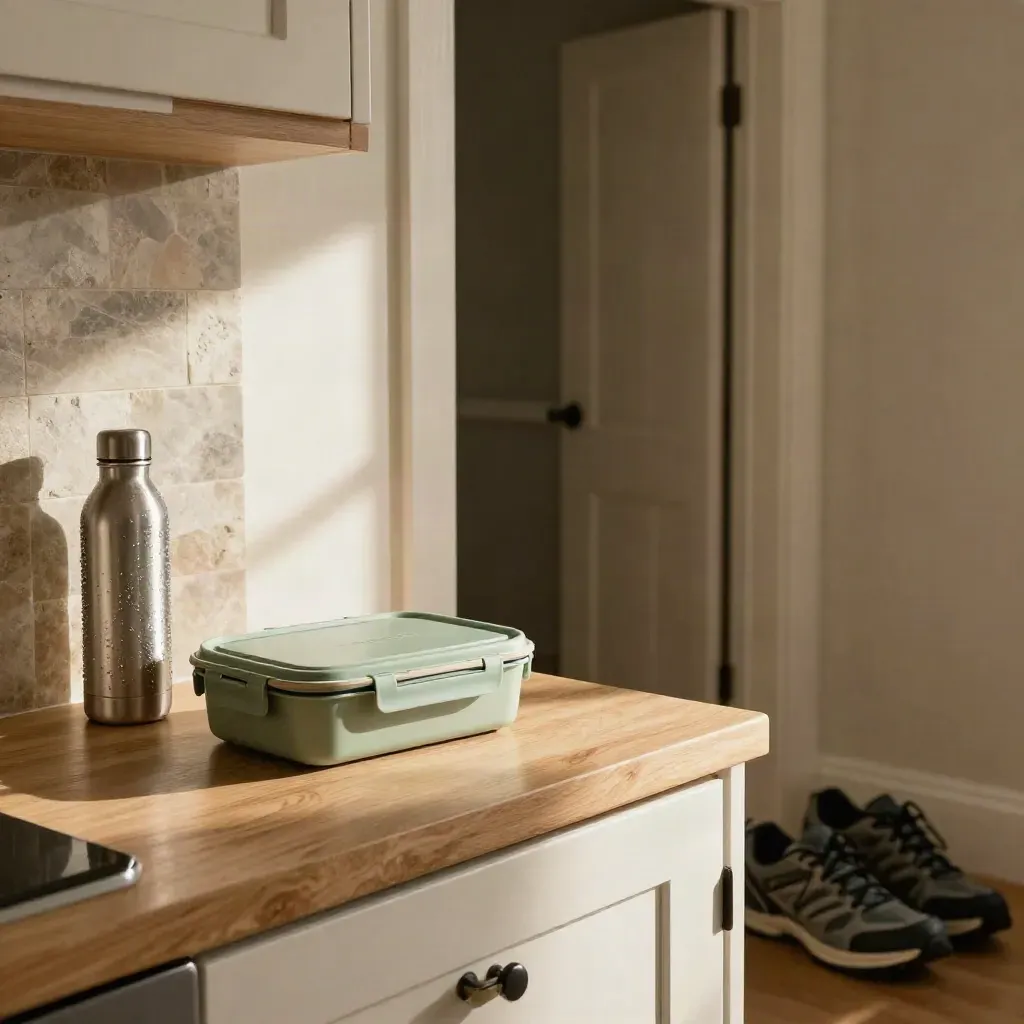 Lunch box, water bottle, and walking shoes by a kitchen door in warm light.