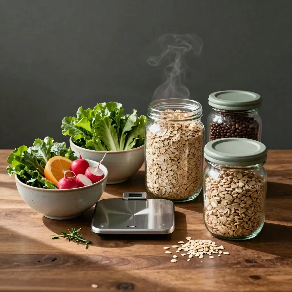 Top-down nutrition prep still life with bowls, jars, scale, and herbs on walnut wood.