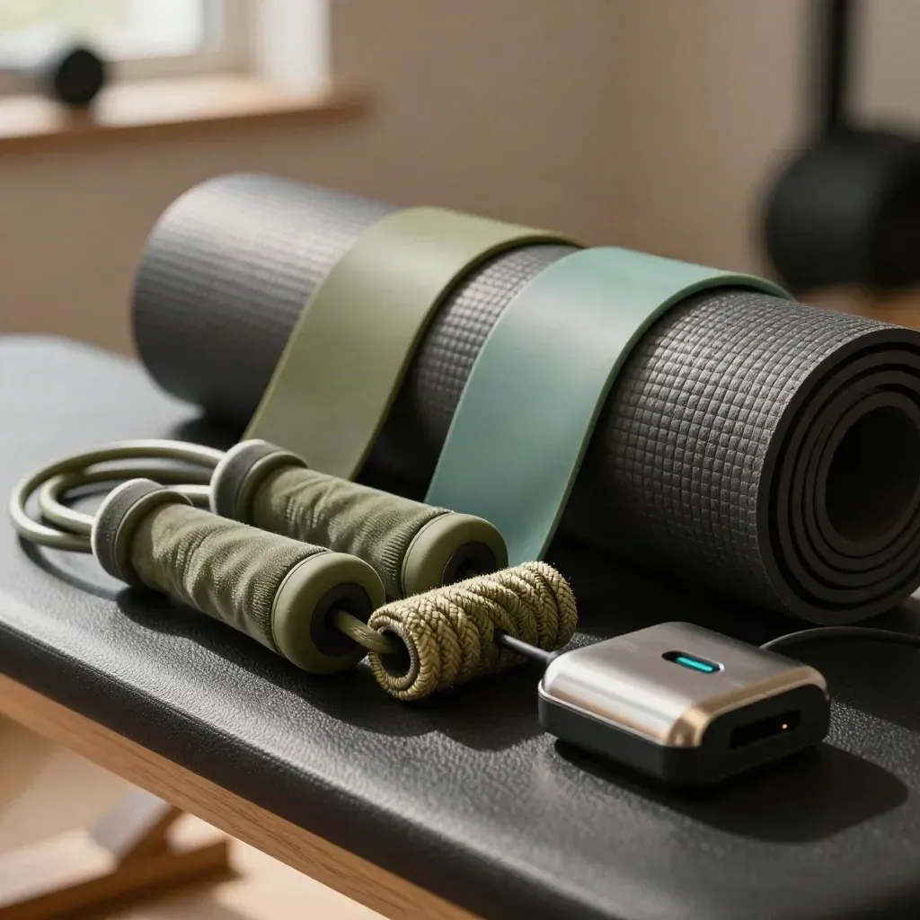 Macro still life of loop bands, ankle weights, jump rope, rolled mat and charging dock on a gym bench.