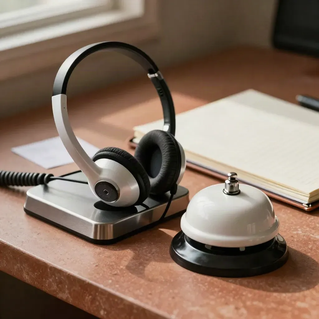 Headset, phone dock, bell, and closed planner on a terracotta support station