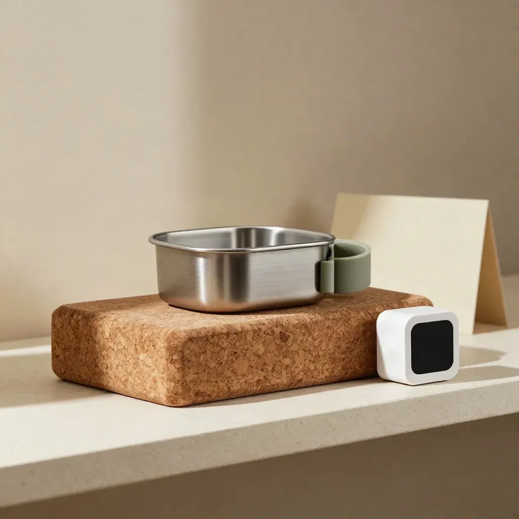 Yoga block, meal box, loop band, and timer cube on a pale plaster shelf.