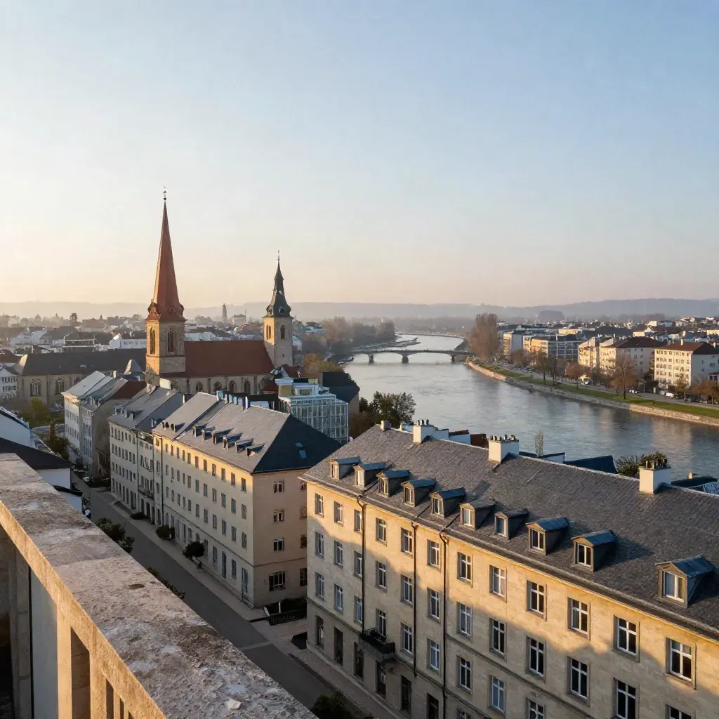Golden dawn over a calm Central European river skyline with rooftops, spires and mist.